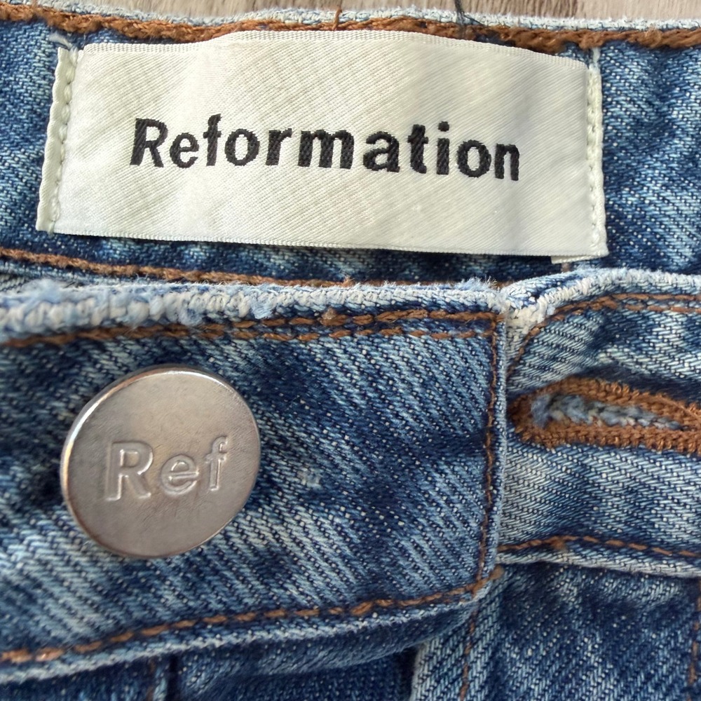 Reformation Mid Crop Flare Jeans Baltic Wash Blue Button Fly Raw Hem Size 28 - Picture 3 of 12